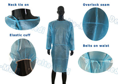 Μπλε αδιάβροχοι μίας χρήσης δεσμοί εσθήτων απομόνωσης στην ελαστική μανσέτα λαιμών